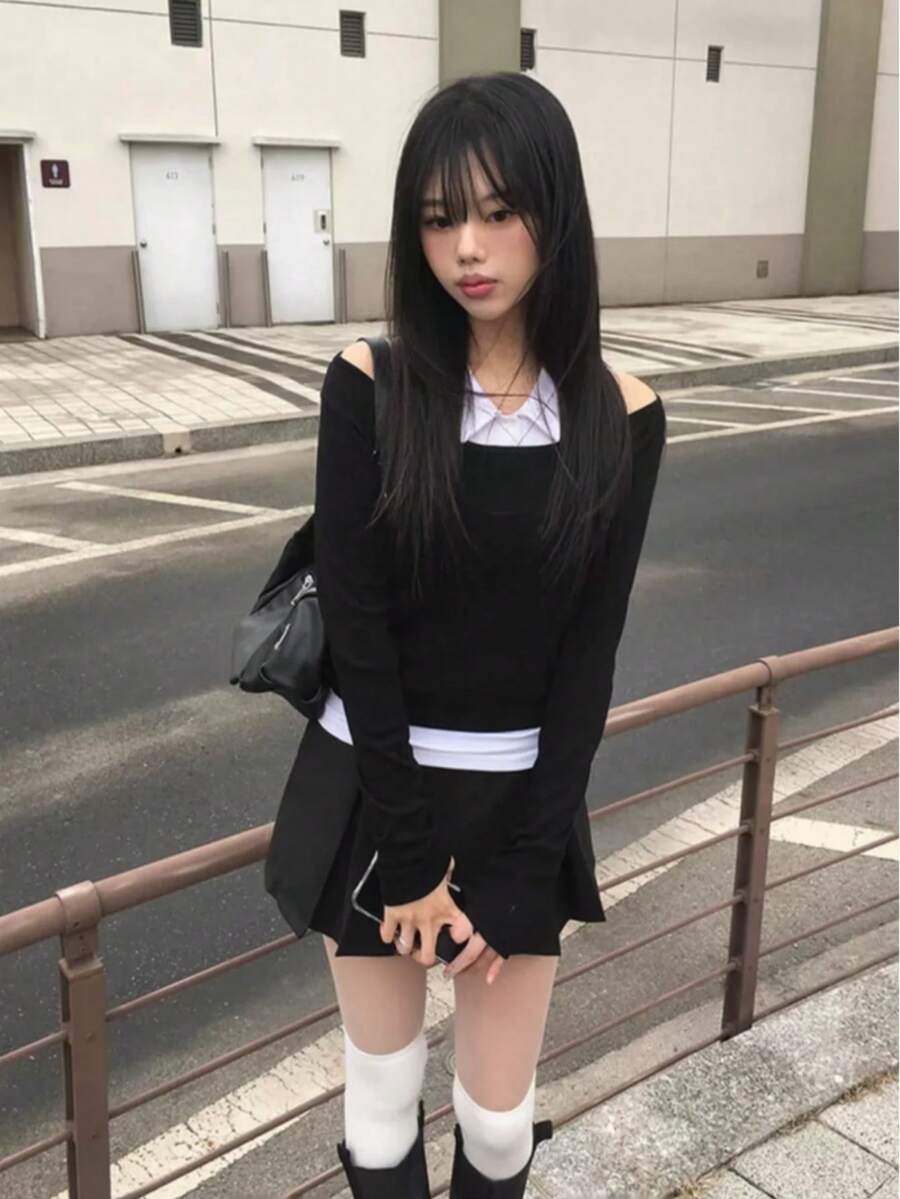 Korean Street Style Sweet & Cool Versatile 2 Pieces Set Patchwork Cold Shoulder Square Neck Top Autumn Outfit - Black - View 1