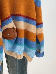 Women's Colorful Striped Fuzzy Knit Sweater, Long Sleeve Crew Neck Loose Fit, Autumn/Winter Casual Pullover, Vintage Sweet Style - Mint Blue - View 5