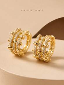 CHICAT French Vintage Multi-Layer Woven Texture Micro-Inlaid Synthetic Zirconia Hoop Earrings, Elegant Micro-Inlaid CZ Exaggerated Statement Earrings, Women's Hollow Geometric High-End Niche Versatile Earrings - Gold - View 2