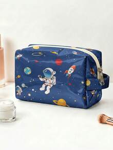 1pc Astronaut Print PVC Pouch,Cosmetic Toiletry Storage Bag, Zipper Closure With Hand Strap Portable Organizer For Daily Use Travel Trip - Multicolor - View 6