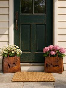 3pcs/1pc Vintage Rusty Metal Hanging Flower Basket, Double-Sided Hello & Welcome Design, Suitable For Garden, Yard, Wall, Indoor And Outdoor Decoration - Style Random - View 3