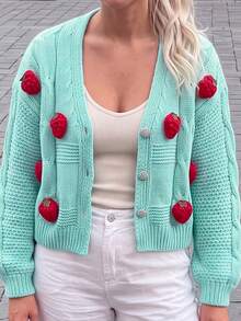 Cute Preppy Cable Knit Cardigan, Strawberry Patchwork V-Neck Shiny Buttons Loose Fit, Suitable For Thanksgiving Campus Outfit - Blue - View 4