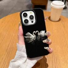 1件個性化天鵝波點美學圖案黑色液態直邊手機殼，適用於 iPhone 16/16 Pro/16 Plus - 彩色 - 查看 6