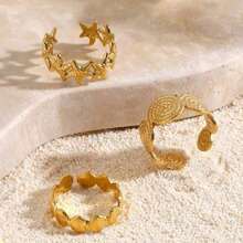 Juego de 3 anillos de acero inoxidable con diseño de concha retorcida y estrella de mar, anillos apilables para mujer - Dorado - Ver 3