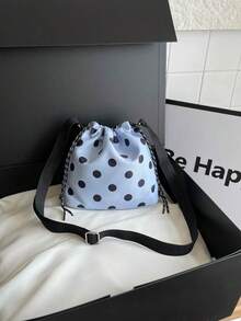 1 pieza Bolso cubo de nailon de unicolor con cordón y patrón de lunares, bolso bandolera de moda para mujer - Celeste - Ver 9