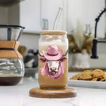 16oz Pink Cowboy Hat Bandana Cow Print Glass Cup, Western Style Iced Coffee Straw Cup For Enthusiasts - Multicolor - View 9