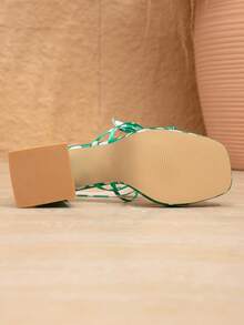 Women's New Vintage Green Polka Dot Platform Chunky Heel Sandals, Rhinestone Square Buckle Strap Square Toe High Heel Sandals - Multicolor - View 6