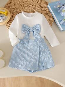 2pcs Baby Girl Fresh Soft 3D Bow Long Sleeve Top & Skort Set, Lightweight Spring/Autumn - Baby Blue - View 2