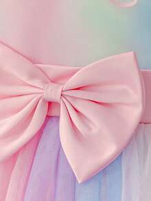 Iridescent Gradient Tween Girl Flower Girl Long Dress, Off-Shoulder 3D Ruffle Princess Gown With Front Slit, High Waist Satin Bow Colorblock Fluffy Tulle Skirt For Girls Wedding, Baptism, Party, Performance - Baby Pink - View 6