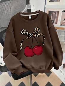 Teen GirlCasual Versatile Cherry Print Crew Neck Sweatshirt And Flare Leggings 2-Piece Set, Autumn/Winter Outfit, Homecoming Wear - Brown - View 4