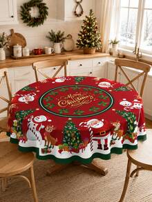 1pc Merry Christmas Santa Claus Snowman Round Tablecloth, Holiday Red Polyester Tablecloth, Printed With Reindeer, Christmas Tree, Holly And Gift Patterns, Reusable, Suitable For Kitchen, Holiday Party, Banquet And Home Decor - Multicolor - View 16