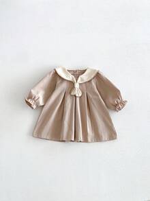 Miniweenns 1 st långärmad vintage prinsessklänning för babyflicka i preppy stil med volang och rosett, vår/höst, back to school - Kaki - Visa 11