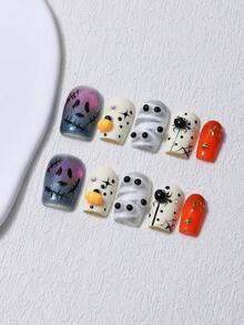 10 Peças/Conjunto Unhas Postiças Quadradas Feitas à Mão para Halloween, Estilo Y2K Pintadas à Mão com Glitter, Rosto de Fantasma, Textura 3D de Bandagem, Teia de Aranha, Aranha, Padrão de Estrela Laranja, Inclui 1 Peça de Cola Gel e 1 Peça de Lixa de Unha, Adequado para Uso Diário e Manicure de Festa - Multicolorido - Visão 1
