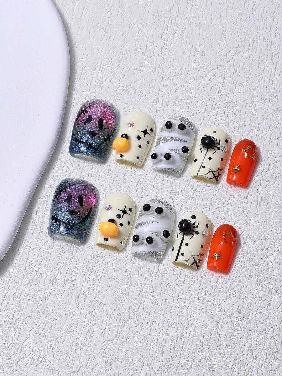 10 Peças/Conjunto Unhas Postiças Quadradas Feitas à Mão para Halloween, Estilo Y2K Pintadas à Mão com Glitter, Rosto de Fantasma, Textura 3D de Bandagem, Teia de Aranha, Aranha, Padrão de Estrela Laranja, Inclui 1 Peça de Cola Gel e 1 Peça de Lixa de Unha, Adequado para Uso Diário e Manicure de Festa - Multicolorido - Visão 1