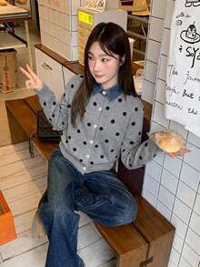 Polka Dot 2 In 1 Denim Patchwork Polo Collar Knit Sweater Cardigan - Grey - View 6