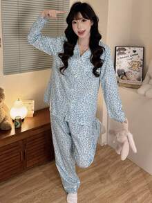 2pcs/Set Women's Sky Blue Leopard Print Open Front Pajamas, Lapel Collar Button Long Sleeve Top And Long Pants Loungewear, Suitable For Autumn/Winter/Spring/Summer - Sky Blue - View 3
