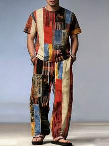 Vintage Colorblock Men's Set, Bohemian Style Casual Short Sleeve Top + Loose Long Pants, Vacation Beach Outfit - Multicolor - View 1