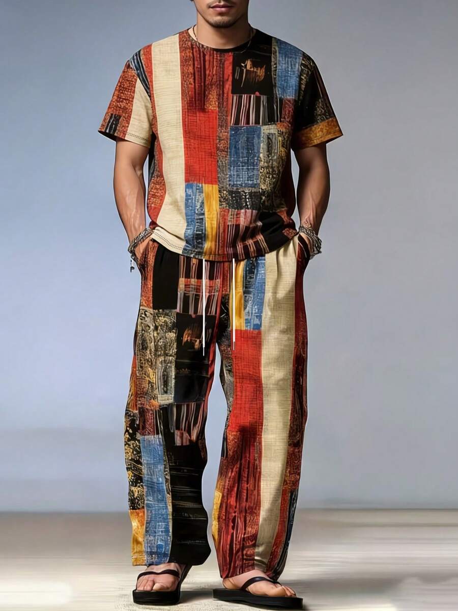 Vintage Colorblock Men's Set, Bohemian Style Casual Short Sleeve Top + Loose Long Pants, Vacation Beach Outfit - Multicolor - View 1
