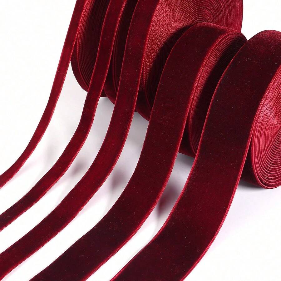 1-4cm 10yd Burgundy Single-Sided Velvet Ribbon, Handmade DIY Hair Accessories, Clothing Bows Supplies; Suitable For Christmas, Halloween, Wedding, New Year, Birthday, Back To School / Graduation Party Decoration, Bouquet Wrapping, Gift Wrapping Ribbon - Burgundy - View 1