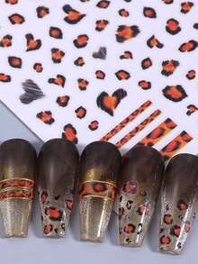3pcs Leopard Print Nail Stickers, Heart Stripe Pattern Self‑Adhesive Nail Art Decals For DIY Autumn Winter Manicure Decor - Multicolor - View 5