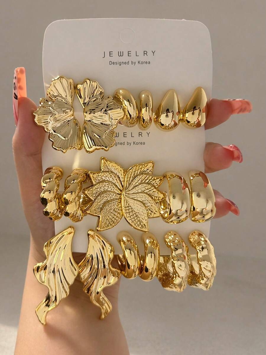 6/18pcs Gold Fashion Elegant Earring Set, Flower, Leaf, Water Drop, C-Shape, Suitable For Women's Daily Wear - Yellow Gold - View 1