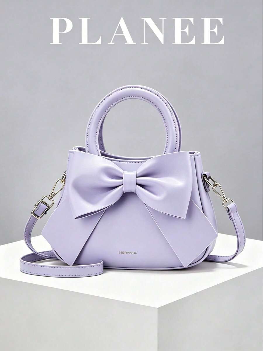 Cute Bow Knot Purple Handbag, Adorable Bow Bag, Lavender Ladies Tote Bag With Detachable Shoulder Strap, Commuter Bag, Perfect For Dating And Back To School - Mauve Purple - View 1