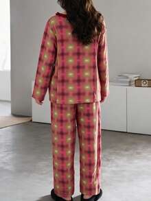 2pcs/Set Women's Pajamas Loungewear, Asymmetrical Print Long Sleeve Pants, Easy Care Fabric - Red - View 2