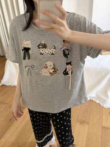 2pcs/Set Women's Pajamas Loungewear Set, Cute Animal Pattern Crew Neck Short Sleeve Polka Dot Print Cropped Pants Comfortable Home Style - Grey - View 10