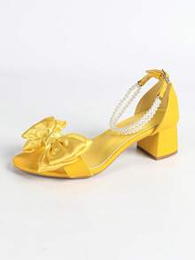 Women's Pearl Chain Bow Decor Satin White 5cm Chunky Heel Sandals, Versatile For Multiple Occasions, Summer - Yellow - View 6