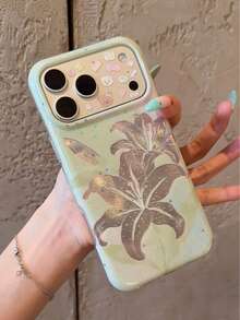 Summer INS Green Gradient Gold Lily Flower Phone Case Compatible With IPhone 17 Pro Max, 16 Pro, 16, 17 Pro, 15 Pro Max, Girly Artistic Soft Anti-Drop Protective Cover - Green - View 7