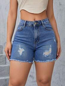 Women Denim Shorts - Medium Wash - View 2