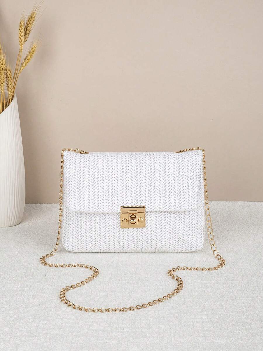 Woven Colorful Shoulder Bag, Casual Beach Bag For Women, Large Capacity, Spring/Summer - White - View 1