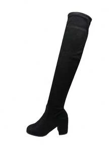 Women's Chunky High Heel, Autumn/Winter Women's Shoes, Thigh High Boots, Round Toe Back Heel Drawstring Lace-Up Slimming High Shaft Boots, Boots, Boot - Black - View 10
