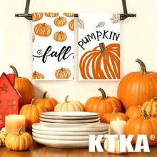 2Pcs Thanksgiving Fall Pumpkin Print Kitchen Towels, Maple Leaf Letter Pattern Dish Cloth, Seasonal Holiday Kitchen Decor Hand Towels - Coral Orange - View 7
