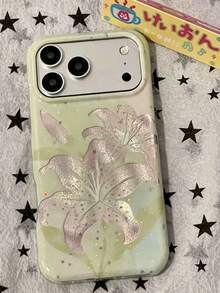 Summer INS Green Gradient Gold Lily Flower Phone Case Compatible With IPhone 17 Pro Max, 16 Pro, 16, 17 Pro, 15 Pro Max, Girly Artistic Soft Anti-Drop Protective Cover - Green - View 3