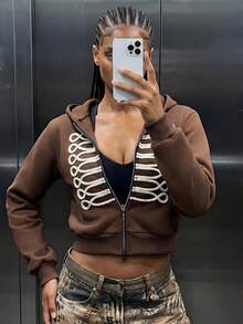 Hoodie Wanita Kasual Bahan Fleece dengan Resleting dan Pita Napoleon, Ukuran Besar, Cocok untuk Aktivitas Sehari-hari di Musim Gugur & Musim Dingin, dan untuk Keluar Rumah - Kopi hitam - View 4
