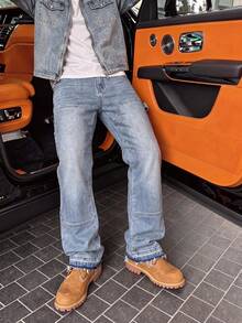Light Blue Distressed Workwear Flared Men's Jeans, Patchwork Design With Double Side Cargo Pockets, Frayed Hem, Slimming Long Pants, Casual Relaxed Daily Commute Denim - Light Wash - View 4