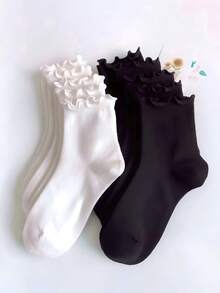1/3/5/10 Pasang Kaos Kaki Wanita Warna Polos Manis Lucu Gaya Jepang Hitam Tipis dengan Tepi Digulung - Hitam - View 4