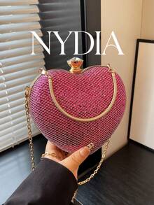 1 Buah Tas Clutch Malam Bentuk Hati Berkilau dengan Gesper Cincin Berlian Imitasi dan Tali Rantai Logam Tipis, Tas Selempang Pesta Pernikahan Gaya Gadis Manis dan Keren #HeartShapeEveningClutch #GlitterMiniBag #RhinestoneRingClasp #PartyCrossbodyPurse - Berwarna merah muda - View 2
