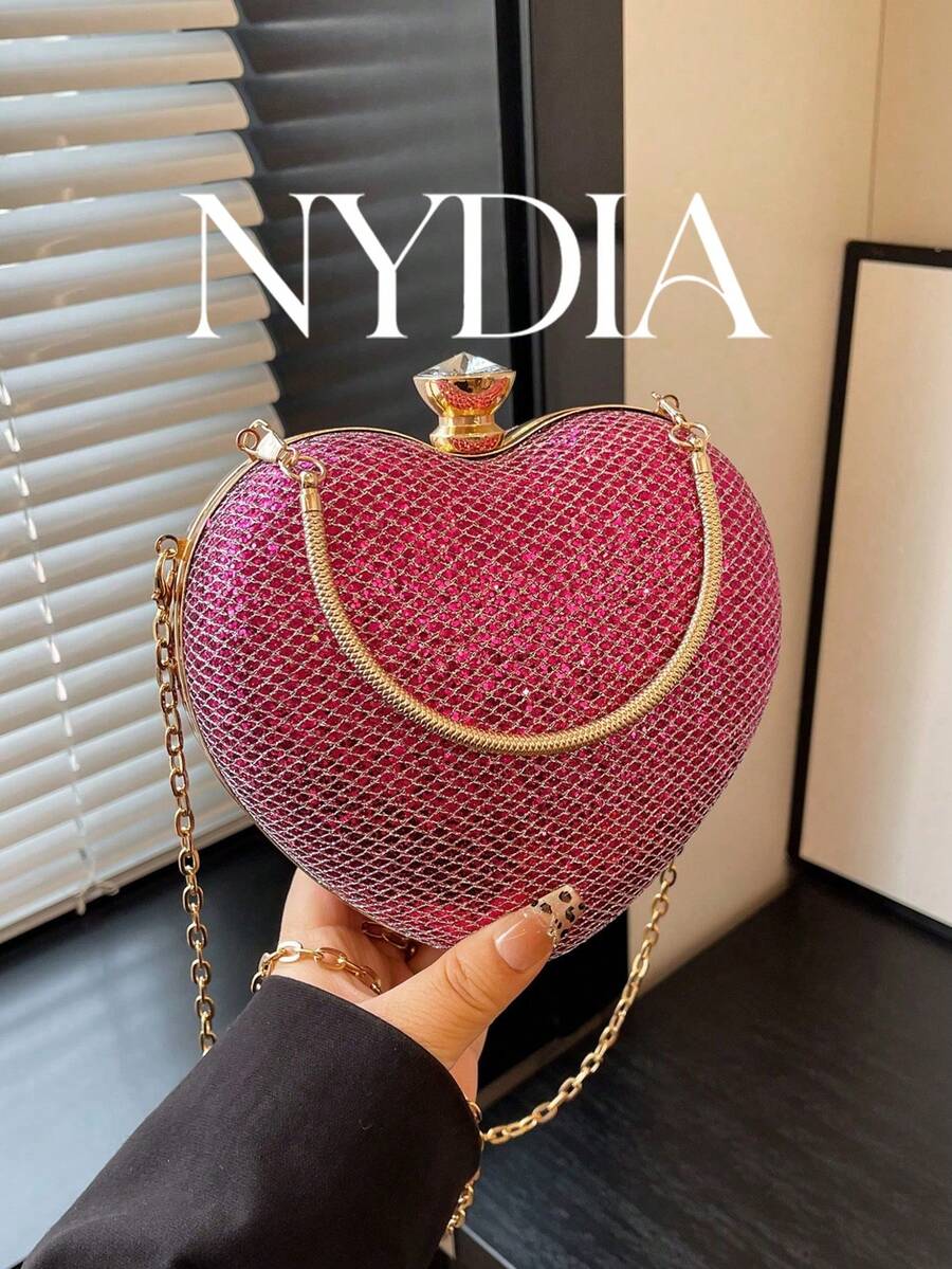 1 Buah Tas Clutch Malam Bentuk Hati Berkilau dengan Gesper Cincin Berlian Imitasi dan Tali Rantai Logam Tipis, Tas Selempang Pesta Pernikahan Gaya Gadis Manis dan Keren #HeartShapeEveningClutch #GlitterMiniBag #RhinestoneRingClasp #PartyCrossbodyPurse
