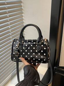 Cute Polka Dot Mini Boston Handbag, Sweet Shiny Leather Handle Women's Crossbody Shoulder Small Bag - Black - View 9