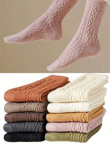 3/6 Pairs Thickened Diagonal Rib Mid-Calf Socks, Warm And Comfortable, Solid Color Long Socks, Moon Socks, Antibacterial And Moisture-Absorbing, Comfortable And Warm, Suitable For Sports, Home, Casual And Commuting - Multicolor - View 2