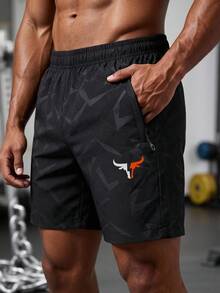 Men's Horn Print Running Fitness Sports Casual Shorts - Black - View 3
