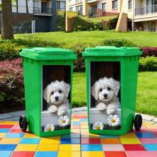 1PC Cute White Puppy Outdoor Trash Can Sticker, 2D Flat Printed Self-Adhesive PVC Garbage Bin Decal, Funny Dog Wheelie Bin Decoration For Yard Garden - A - View 5