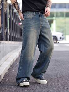 1pc Men's Denim Wide Leg Pants, Cat Whisker Design, Versatile, Street Style, Suitable For Daily Wear - Blue - View 5