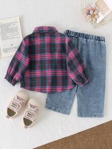 2pcs Infant/Toddler (Girl) Casual Vintage Pink & Gray Plaid Long Sleeve Collared Shirt With Denim Jeans Set, Thin Spring/Autumn - Light Wash - View 2