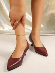Women's Fashion Pointed Toe High Heel Shoes, Casual Slip-On Chunky Heel Pumps, Suitable For Office, Commute, Party - Burgundy - View 3