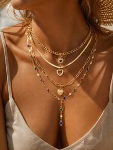 17/13/4pcs Vintage Fashion Creative Premium Quality Layered Necklace Set, Cross Heart Hollow Heart Colorful Chain Y-Shaped Chain, Suitable For Women's Daily Wear, Surprise Gift For Girlfriend/Mom - Multicolor - View 4