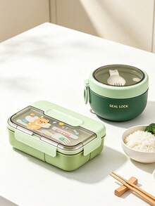 Cartoon PP Material Lunch Box Set, Portable Food Container, Large Capacity Food Storage Box, Student And Office Worker Lunch Box Set - Green - View 6