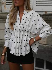 Women's V-Neck Fashion White Polka Dot Contrast Color Long Sleeve Collared Shirt, Suitable For Autumn Daily Wear - White - View 1